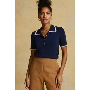 Alexia Admor Navy Blue Knit Top Size XL with Lace Trim Quiet Luxery Pearl Button